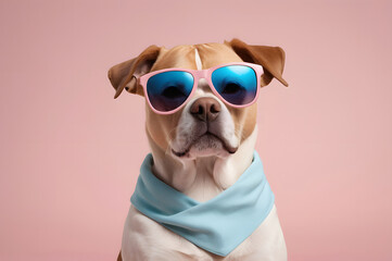 Bulldog wearing a sunglass and on pink background. Puppy in eyeglasses. Fashion, style, trendy animal, cool animal summer 