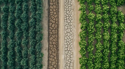 Aerial View of Green Crops and Dry Cracked Soil