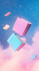 Colorful Books Floating in Pastel Sky with Stars
