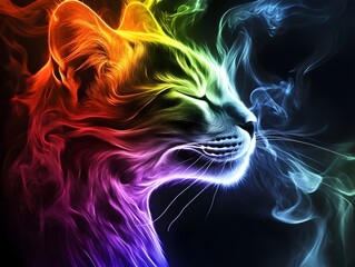 Colorful Smoke Cat Portrait  Abstract Animal Art  Mystical Pet Design  Rainbow Cat