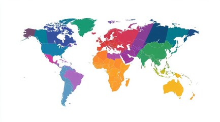 Obraz premium Vibrant and minimalistic world map illustration featuring continents in bold colors on a white background, showcasing a simple flat design with clean lines and ample white space