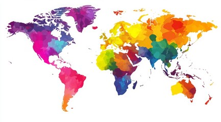 Vibrant and minimalistic world map illustration featuring continents in bold colors on a white background, showcasing a simple flat design with clean lines and ample white space