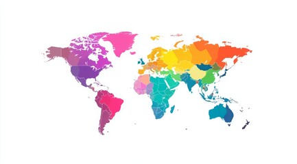 Vibrant and minimalistic world map illustration featuring continents in bold colors on a white background, showcasing a simple flat design with clean lines and ample white space