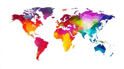 Fototapeta premium Vibrant and minimalistic world map illustration featuring continents in bold colors on a white background, showcasing a simple flat design with clean lines and ample white space