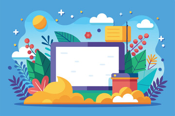 Fototapeta premium A vibrant illustration featuring a laptop with a blank screen, set among playful clouds and plants, Customizable flat illustration with empty space.