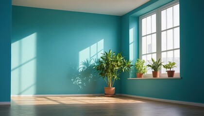empty blue wall with plant. Green Plant in a Pot on a Windowsill with a Blue Wall 31
