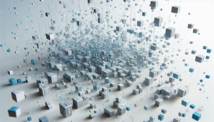 Obraz premium Floating digital code streams, in light blue and silver tones, scattered across a plain white background.