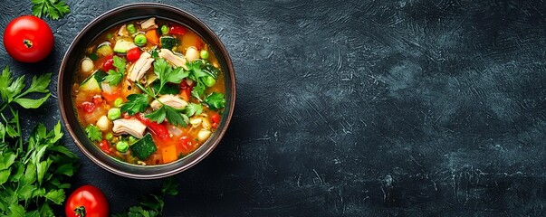Homemade turkey soup with fresh vegetables in a rustic bowl, cozy winter meal, post-Thanksgiving comfort food