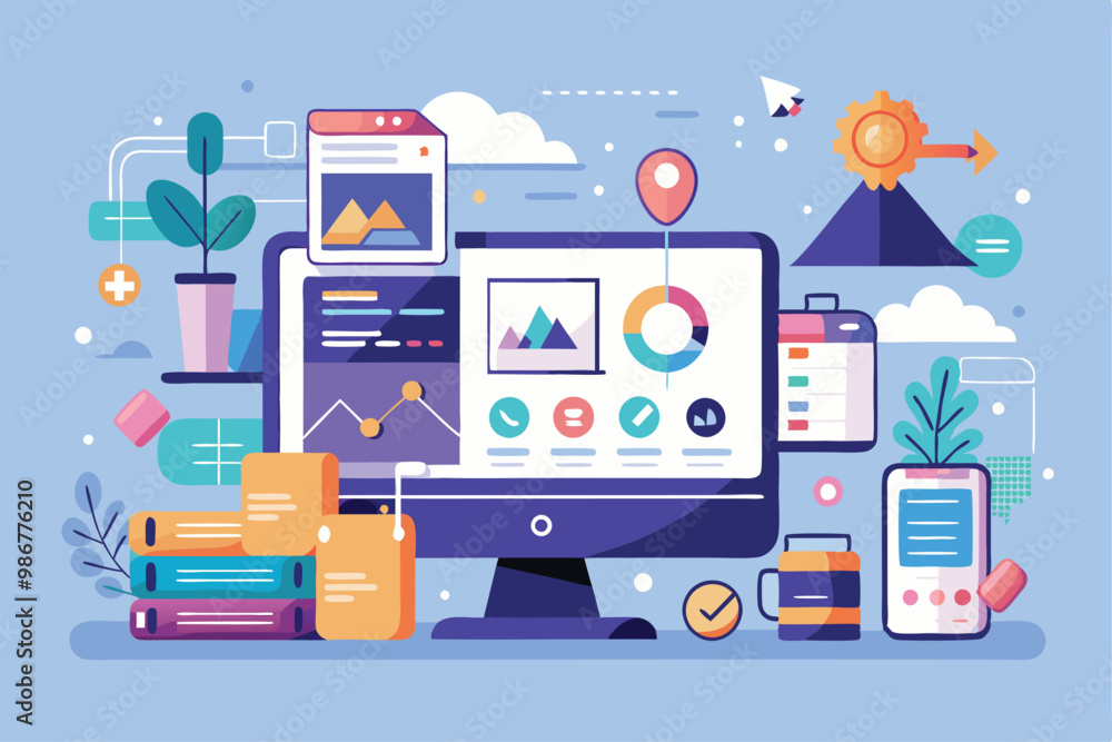 Poster this illustration showcases a customizable digital workspace with ui ux design elements and analytic