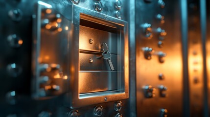 A high-security bank vault showcasing a series of meticulously organized metallic safe deposit boxes, with one open box revealing an array of valuables including documents, jewelry, and cash.