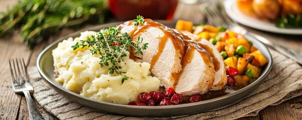 Sliced turkey breast served with rich gravy and mashed potatoes, Thanksgiving dinner, comfort food photography