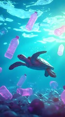 Fototapeta premium Sea Turtle Swimming Through Plastic Pollution in Ocean