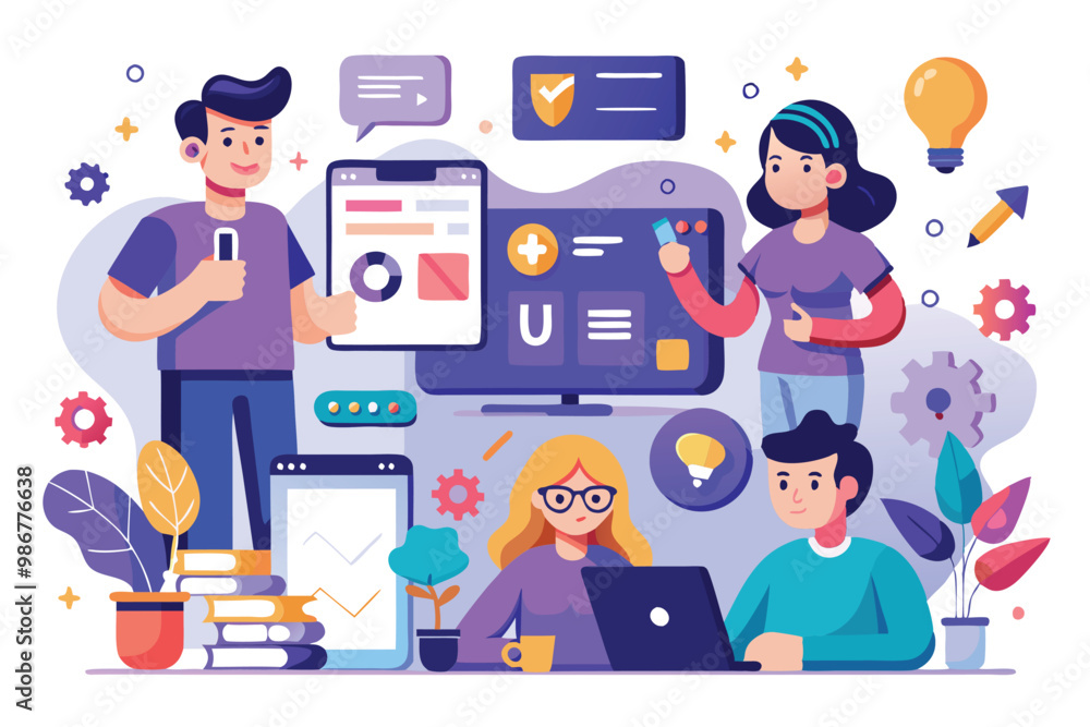 Poster a diverse team works together, discussing digital designs and user interface concepts in a vibrant w