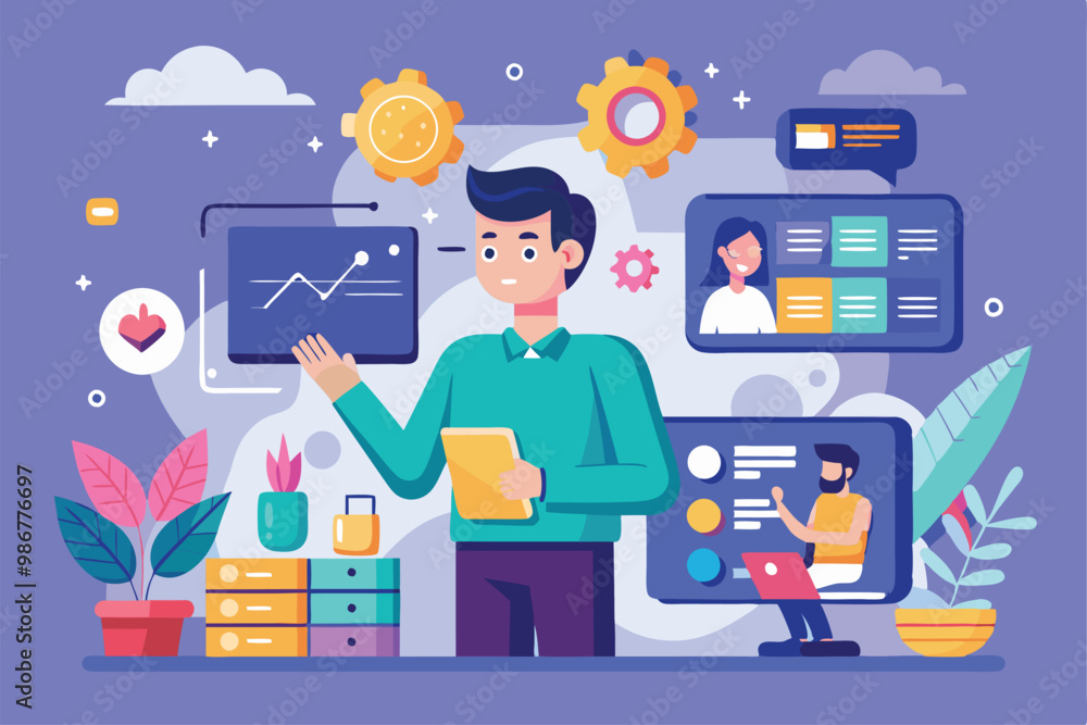 Poster a professional examines data analytics on a screen while engaging with team members in a workspace, 