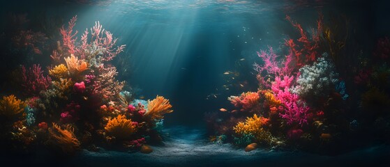 Obraz premium Underwater Coral Reef Scene with Sunlight and Fish