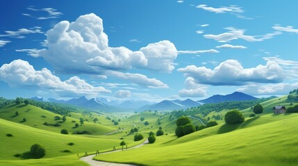 Fototapeta premium A picturesque summer day with expansive green hills, a curving path, and fluffy white clouds drifting across a clear sky