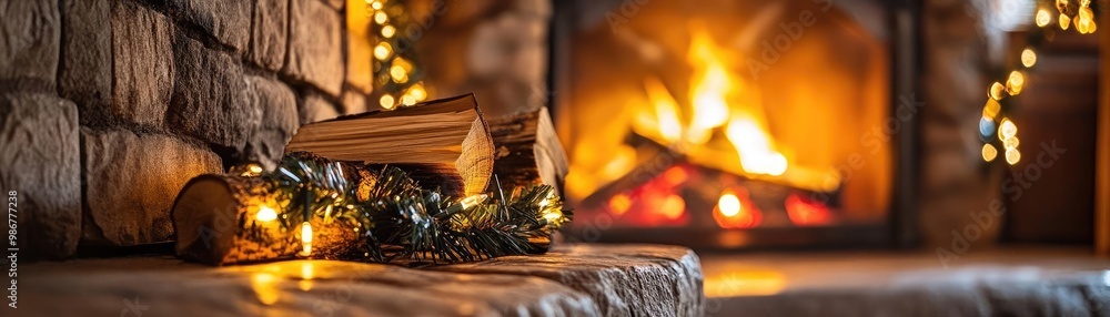 Poster cozy fireplace adorned with twinkling lights and stacked logs, creating a warm and inviting holiday 