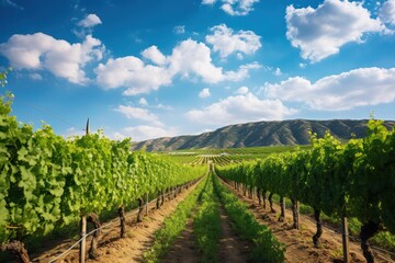 A scenic vineyard landscape featuring rows of Muscat grape vines stretching into the distance, with a blue sky and soft clouds overhead