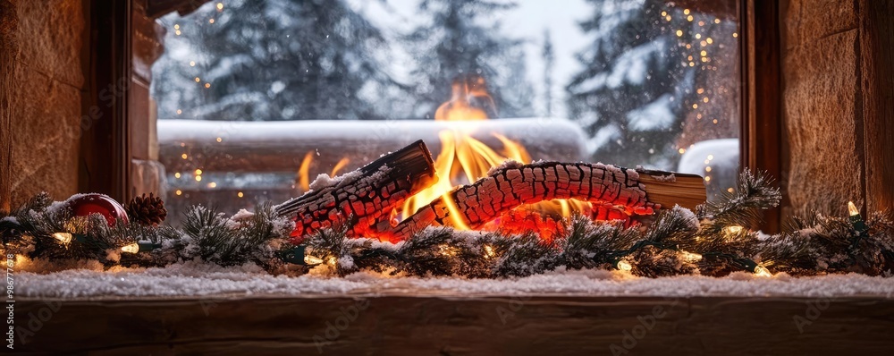 Poster a cozy fireplace with glowing logs and twinkling lights, creating a warm atmosphere in a winter sett
