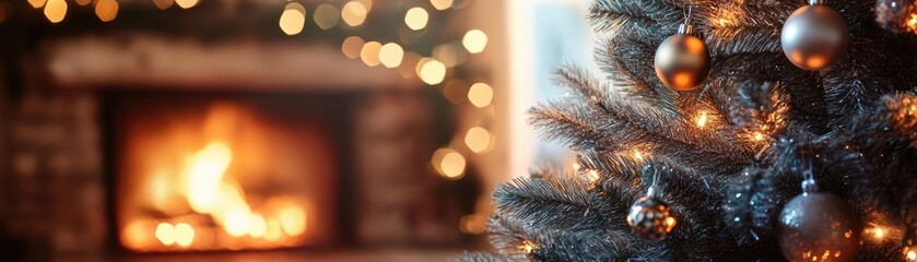 Cozy Christmas scene featuring a decorated tree beside a warm fireplace with glowing lights and festive ornaments.