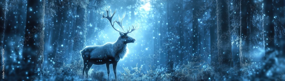 Poster a majestic stag standing in a tranquil, snowy forest illuminated by soft, ethereal light.