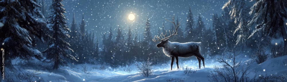 Poster a serene winter scene featuring a majestic reindeer standing in a snowy forest under a starry sky an