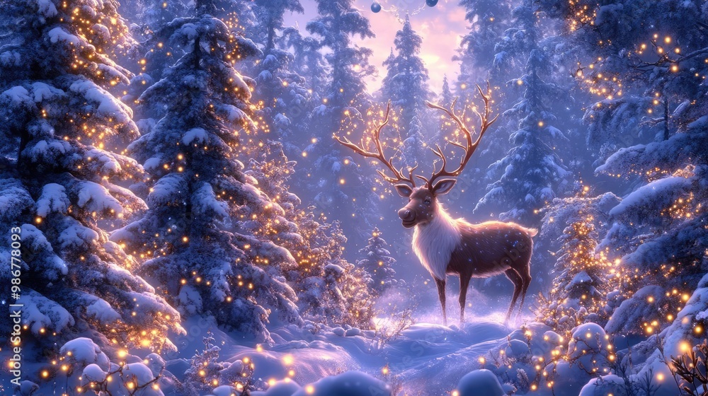 Poster a majestic reindeer stands in a snowy forest filled with twinkling lights, creating a serene winter 