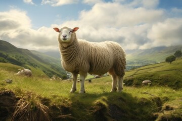 Fototapeta premium A single sheep standing alone in a lush green meadow, with a gentle breeze rustling its wool, the vast landscape stretching out in the background