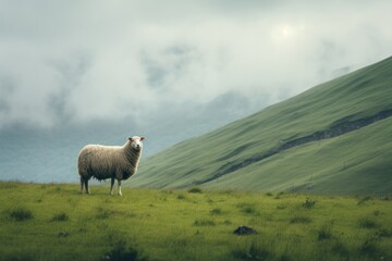 Obraz premium A single sheep standing alone in a lush green meadow, with a gentle breeze rustling its wool, the vast landscape stretching out in the background