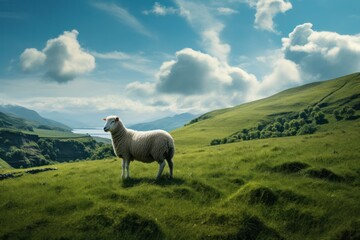 Fototapeta premium A single sheep standing alone in a lush green meadow, with a gentle breeze rustling its wool, the vast landscape stretching out in the background