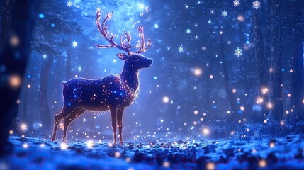 A majestic deer stands in a winter forest, adorned with sparkling lights, surrounded by softly falling snowflakes, creating a serene atmosphere.