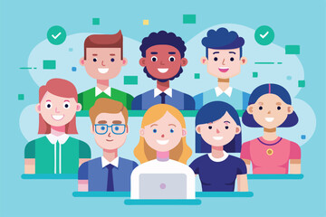 A vibrant flat illustration portrays diverse new team members collaborating with enthusiasm, Customizable flat illustrations for new team members.