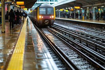 Fototapeta premium Pathways of Perception : A busy train platform, with the lines of the platform and the arriving train. Generative AI.