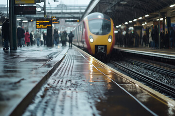 Naklejka premium Pathways of Perception : A busy train platform, with the lines of the platform and the arriving train. Generative AI.