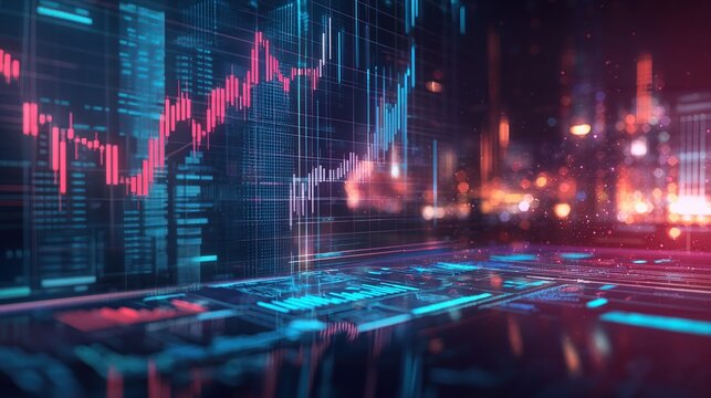 Futuristic digital financial graph displayed on a glowing screen. Vibrant colors illustrate stock market trends and data analysis. Ideal for tech and finance related projects.