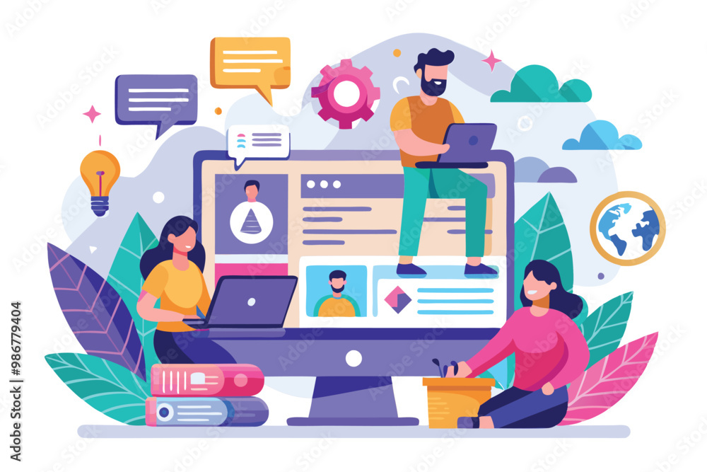Poster creative flat illustrations featuring individuals collaborating on website design and digital projec