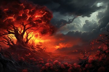 Fototapeta premium A vibrant red and orange bush with flames emanating from its leaves, set against a dark, dramatic sky with scattered clouds