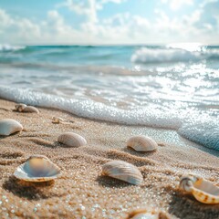 Seashells on sandy beach under sunny sky