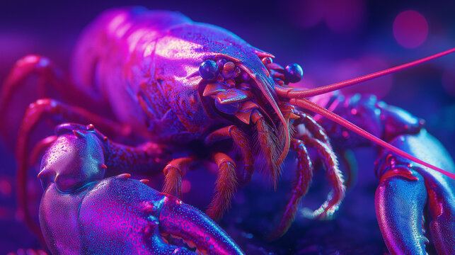 A close up of a purple crab with a red head. The image has a vibrant and colorful mood, with the purple and red hues creating a striking contrast. The crab's unique appearance