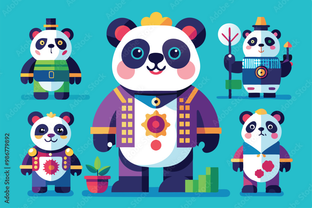 Poster a collection of adorable pandas in varied colorful outfits, showcasing unique poses and accessories,