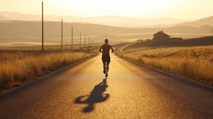 Obraz premium A lone runner jogs along a sunlit road, surrounded by golden fields and distant mountains, creating a sense of freedom and tranquility.