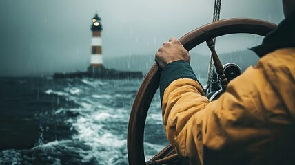 A person navigates a stormy sea, steering a boat towards a distant lighthouse against a dark, cloudy sky.