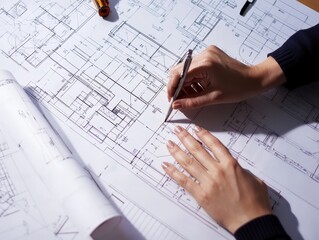 A person is drawing detailed architectural plans on large paper, showcasing design layouts and measurements with a pencil and ruler.