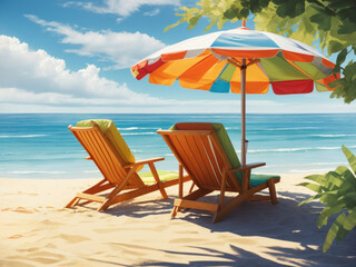 Beach umbrella with chairs, inflatable ring on beach sand.