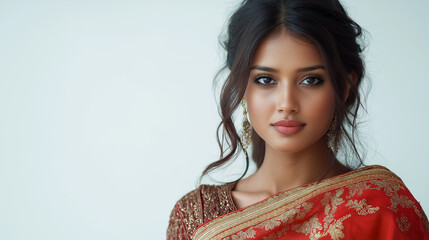 Beautiful indian woman wearing traditional red sari with gold embroidery posing in studio
