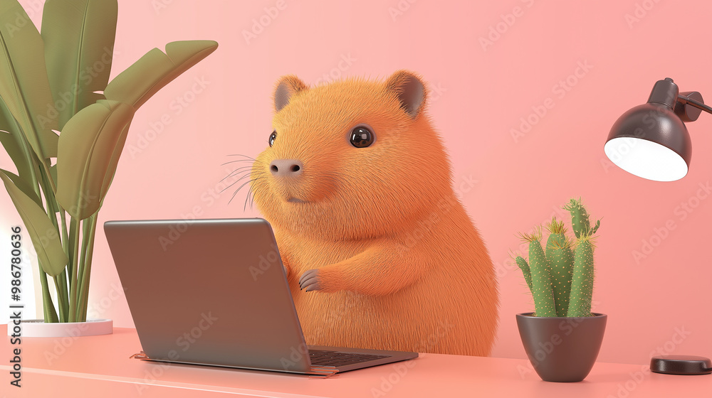 Poster cute hamster working on laptop in home office with plants 3d rendering