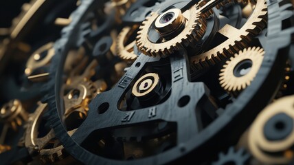 A close-up of intricate clockwork gears showcasing golden cogs and detailed craftsmanship, illustrating the beauty of mechanical engineering.