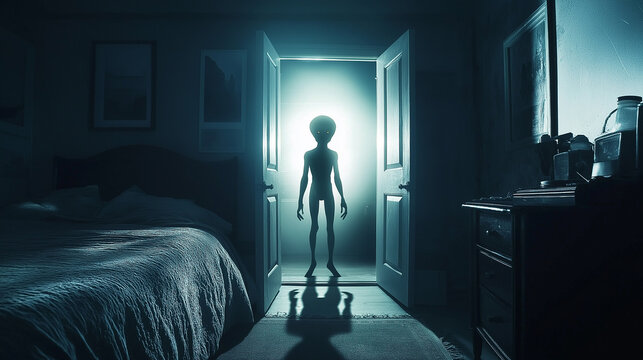 Alien standing in bedroom doorway at night