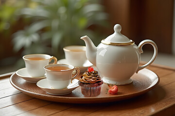 Elegant tea set with teapot and cups on a wooden tray
