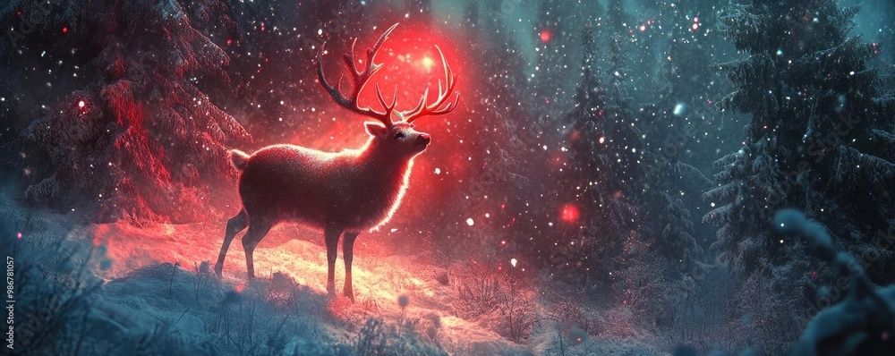Poster a mystical deer illuminated in a winter forest, surrounded by glowing lights and snow, creating a ma